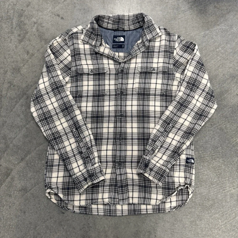 EUC The North Face Black White Gray Plaid Flannel Button Front Casual Shirt Sz L